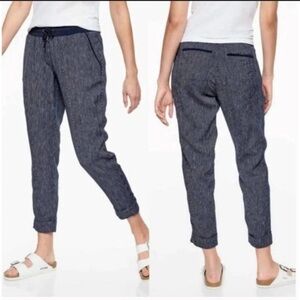 Athleta 100% linen Bali relaxed fit ankle pant - navy blue stripe